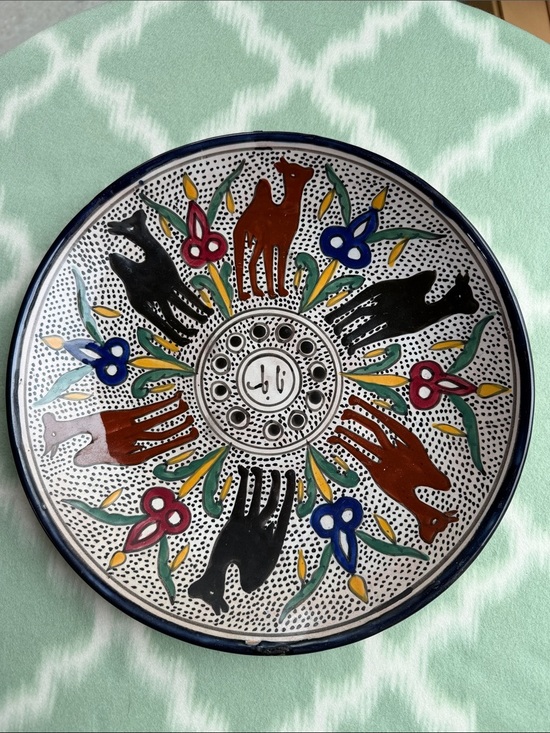 Hand Crafted Other - 11.5” Vintage Hand-Painted Ceramic Arabic Decor Plate-Black Brown Blue Green red
